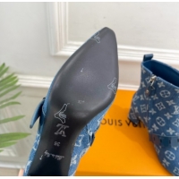 Best Grade Louis Vuitton Fusee Heel Ankle Boots 5cm in Monogram Denim with Buckle Strap Blue 1022011