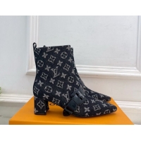 Trendy Design Louis Vuitton Fusee Heel Ankle Boots 5cm in Monogram Denim with Buckle Strap Black 1022012