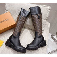 Luxury Cheap Louis Vuitton Monogram Canvas and Leather High Boots 3.5cm with Buckle Black/Brown LV102202 1022014