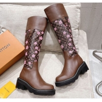 Luxury Louis Vuitton LV x TM Monogram Canvas and Leather High Boots 3.5cm with Buckle Brown/Cherry Pink LV102202 1022015