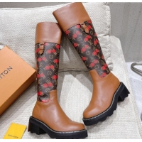 Feminine Louis Vuitton LV x TM Monogram Canvas and Leather High Boots 3.5cm with Buckle Brown/Cherry Red LV102202 102201