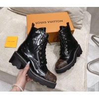 Duplicate Louis Vuitton Monogram Canvas and Patent Leather Laced-up Ankle Boots Black LV102204 1022031