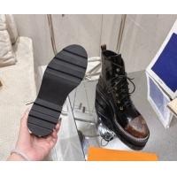 Duplicate Louis Vuitton Monogram Canvas and Patent Leather Laced-up Ankle Boots Black LV102204 1022031