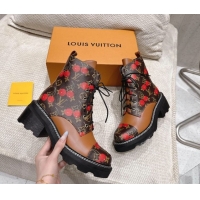 Classic Hot Louis Vuitton LV x TM Monogram Canvas and Leather Laced-up Ankle Boots Brown/Cherry Red LV102204 1022032