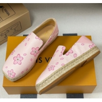 Top Grade Louis Vuitton LV x TM Cherry Blossom Printed Monogram Leather Flat Espadrilles Light Pink LV102205 1022042