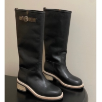 Luxury Cheap Louis Vuitton LV Biker Leather Flat High Boots with Buckle Strap Black 1AGM74 1022053