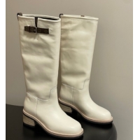 Luxury Louis Vuitton LV Biker Leather Flat High Boots with Buckle Strap White 1AGM74 1022054