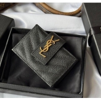 Big Discount Saint Laurent Grained Leather Card Holder Wallet 607907 Black/Gold 2025