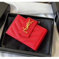 Famous Brand Saint Laurent Grained Leather Card Holder Wallet 607907 Red 2025