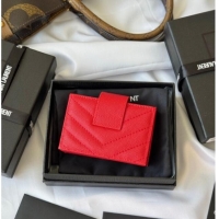 Famous Brand Saint Laurent Grained Leather Card Holder Wallet 607907 Red 2025