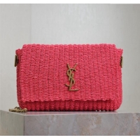 Top Grade Saint Laurent Kate Medium Chain Bag in Raffia Straw 553804 Pink 2025