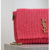Top Grade Saint Laurent Kate Medium Chain Bag in Raffia Straw 553804 Pink 2025
