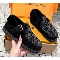 Grade Quality Louis Vuitton Colorado Comfort Mary Janes Loafers in Monogram-Embroidered Suede and Wool Black 1AIGKZ 1022