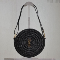 Promotional Saint Laurent Round Bag in Raffia and Vegetable-tanned Leather 685601 Black 2025