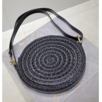 Promotional Saint Laurent Round Bag in Raffia and Vegetable-tanned Leather 685601 Black 2025