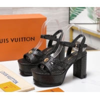 Good Looking Louis Vuitton Maya Heeled Platform Sandals 10cm in Raffia Straw Black 1AHNP0 1022089