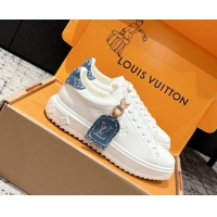 Luxury Louis Vuitton Time Out Sneakers in Leather with Tag White/Denim Blue 1022105