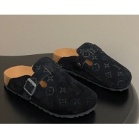 Unique Style Louis Vuitton LV Cosy Flat Comfort Clog Mules with Buckle Strap in Monogram Suede Black 1022111