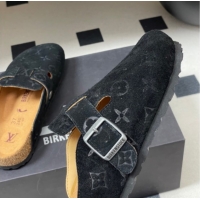 Unique Style Louis Vuitton LV Cosy Flat Comfort Clog Mules with Buckle Strap in Monogram Suede Black 1022111