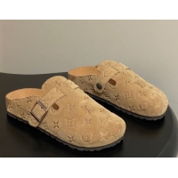 Classic Hot Louis Vuitton LV Cosy Flat Comfort Clog Mules with Buckle Strap in Monogram Suede Beige Yellow 1022112