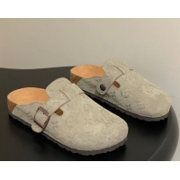 Duplicate Louis Vuitton LV Cosy Flat Comfort Clog Mules with Buckle Strap in Monogram Suede Grey 1022113