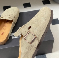 Duplicate Louis Vuitton LV Cosy Flat Comfort Clog Mules with Buckle Strap in Monogram Suede Grey 1022113