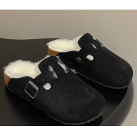 Purchase Louis Vuitton x Birkenstock Flat Mules with Buckle Strap in Suede and Wool Black 1022115
