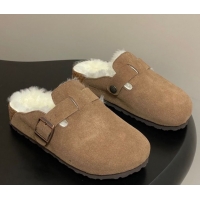 Sumptuous Louis Vuitton x Birkenstock Flat Mules with Buckle Strap in Suede and Wool Light Brown 1022116