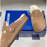 Sumptuous Louis Vuitton x Birkenstock Flat Mules with Buckle Strap in Suede and Wool Light Brown 1022116