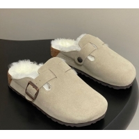 Top Grade Louis Vuitton x Birkenstock Flat Mules with Buckle Strap in Suede and Wool Grey 1022117