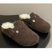 Grade Quality Louis Vuitton x Birkenstock Flat Mules with Buckle Strap in Suede and Wool Dark Brown 1022118