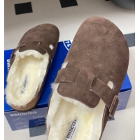 Grade Quality Louis Vuitton x Birkenstock Flat Mules with Buckle Strap in Suede and Wool Dark Brown 1022118