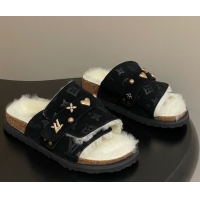 Best Price Louis Vuitton x Birkenstock Flat Slides Sandal with Charm Strap in Suede and Wool Black 1022121