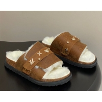 Perfect Louis Vuitton x Birkenstock Flat Slides Sandal with Charm Strap in Suede and Wool Brown 1022122
