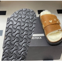 Perfect Louis Vuitton x Birkenstock Flat Slides Sandal with Charm Strap in Suede and Wool Brown 1022122