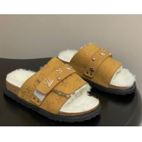 Good Looking Louis Vuitton x Birkenstock Flat Slides Sandal with Charm Strap in Suede and Wool Yellow 1022123