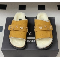 Good Looking Louis Vuitton x Birkenstock Flat Slides Sandal with Charm Strap in Suede and Wool Yellow 1022123