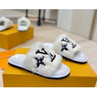 Durable Louis Vuitton Mink Fur and Wool Flat Slides Sandal White LV102207 1022130