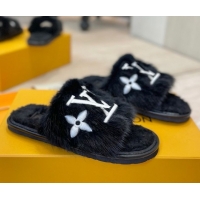 Most Popular Louis Vuitton Mink Fur and Wool Flat Slides Sandal Black LV102207 1022131