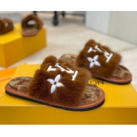 Unique Style Louis Vuitton Mink Fur and Wool Flat Slides Sandal Brown 2025 LV102207 1022132