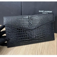 Promotional Saint Laurent Uptown Pouch in Crocodile Embossed Shiny Leather 565739 All Black 2024