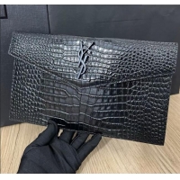 Promotional Saint Laurent Uptown Pouch in Crocodile Embossed Shiny Leather 565739 All Black 2024