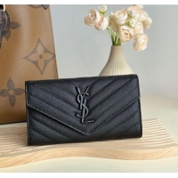 Cheap Price Saint Laurent Envelope Flap Long Wallet in Grained Leather 437469 All Black 2025