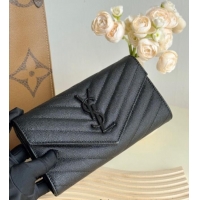Cheap Price Saint Laurent Envelope Flap Long Wallet in Grained Leather 437469 All Black 2025