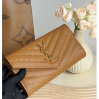 Most Popular Saint Laurent Envelope Flap Long Wallet in Grained Leather 437469 Brown 2025
