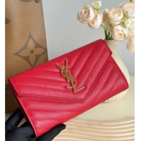 Famous Brand Saint Laurent Envelope Flap Long Wallet in Grained Leather 437469 Red 2025