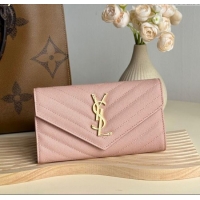Low Cost Saint Laurent Envelope Flap Long Wallet in Grained Leather 437469 Light Pink 2025