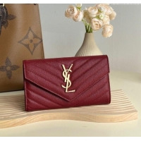 Free Shipping Saint Laurent Envelope Flap Long Wallet in Grained Leather 437469 Burgundy 2025