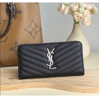 Discount Saint Laurent Cassandre Matelasse Zip Around Wallet in Grained Leather 358094 Black/Silver 2025