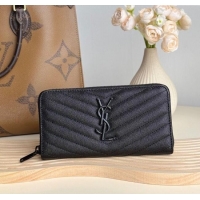 Promotional Saint Laurent Cassandre Matelasse Zip Around Wallet in Grained Leather 358094 All Black 2025